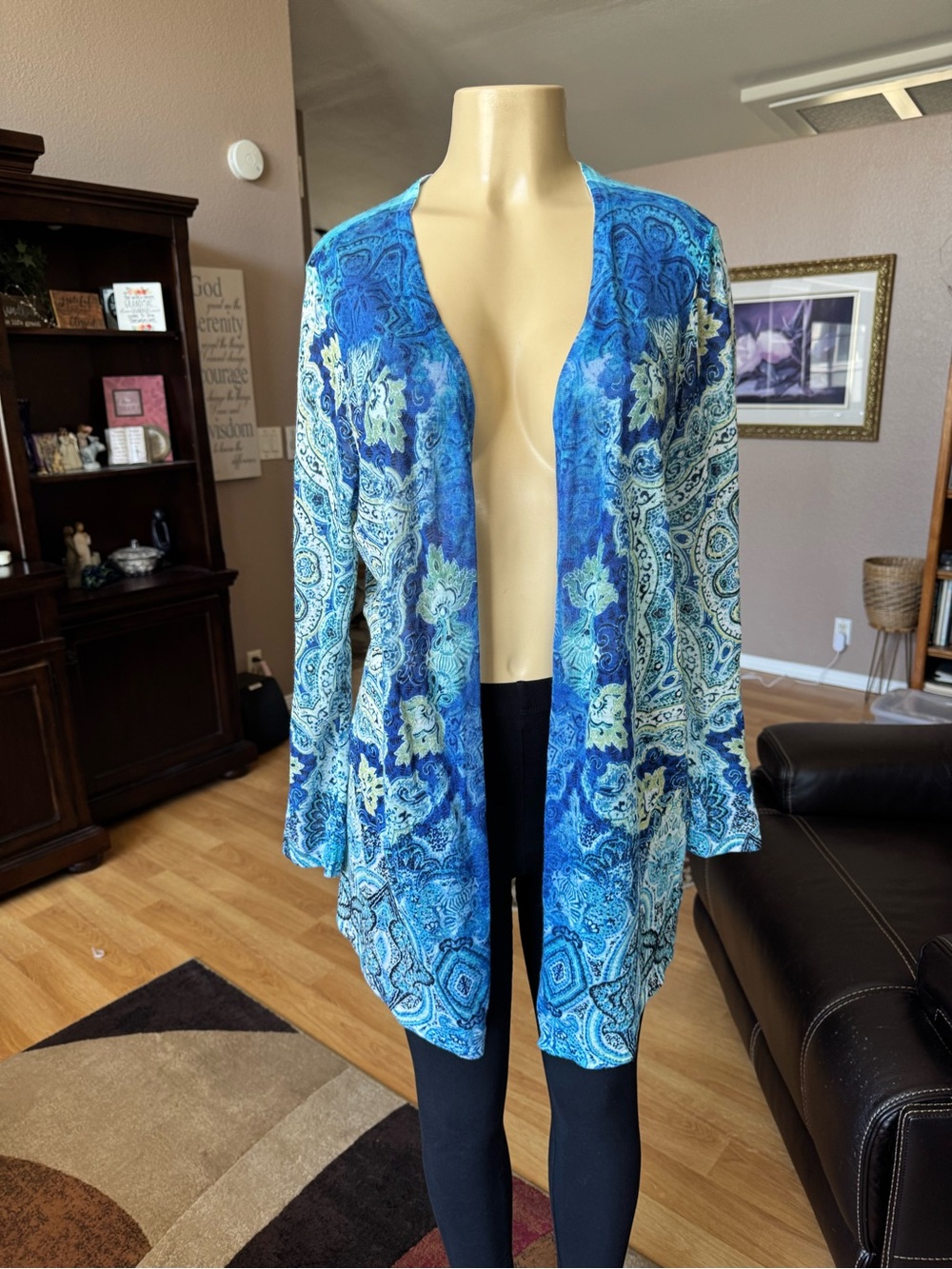 Chico's Blue & White Paisley/Floral Open-Front Cardigan-size L